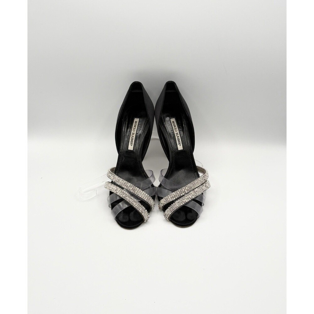 Manolo Blahnik Black Satin & Rhinestone Cross Strap Heels Size EU 38.5
